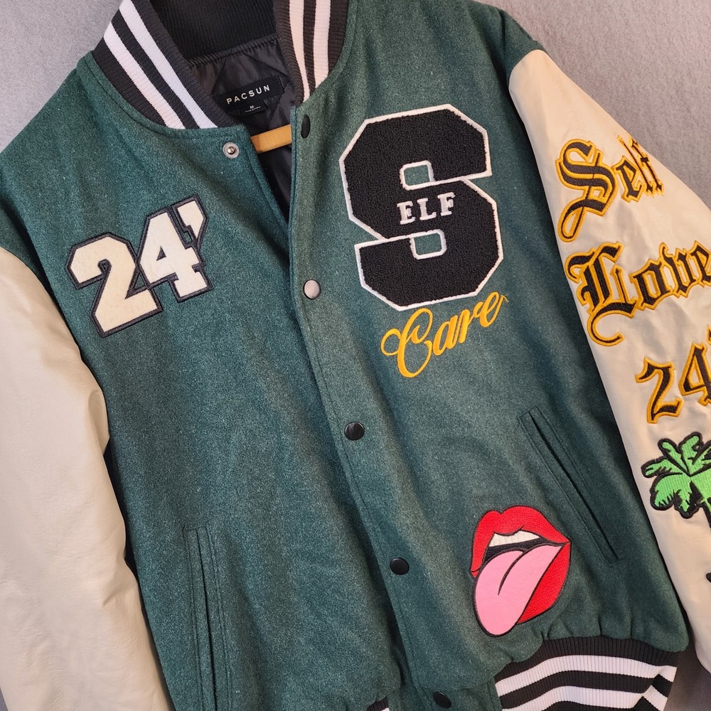 PacSun Varsity Jacket Faux Leather Sleeve Patch Graphic Letterman Medium Y2K‎
